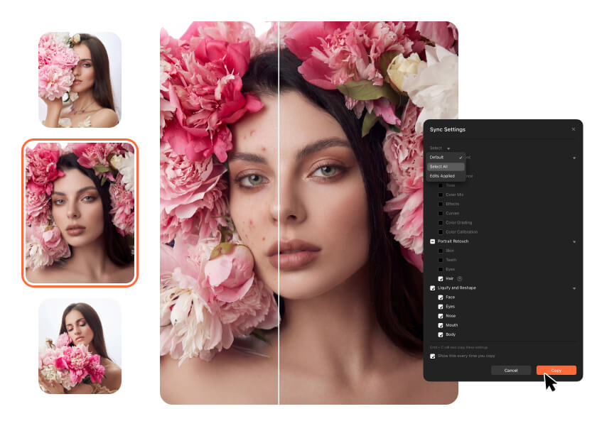 Maintenez l'uniformité de vos retouches de portraits sur chaque image.